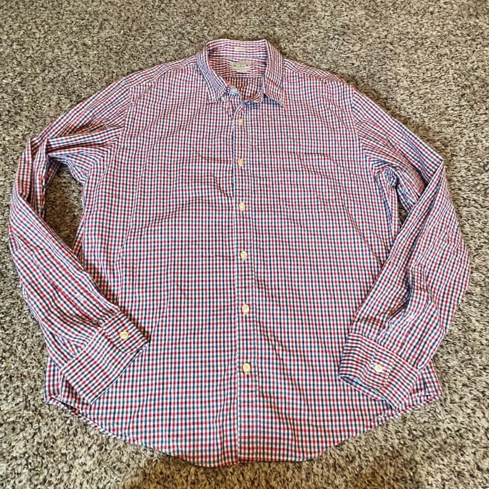J.Crew Men XL Slim Fit Gingham Button Down Shirt Red White‎ Blue Long Sleeve